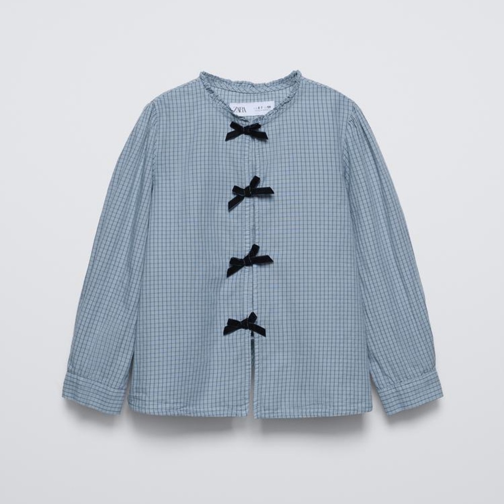 Zara Blue Plaid Top with Black Ribbon Details